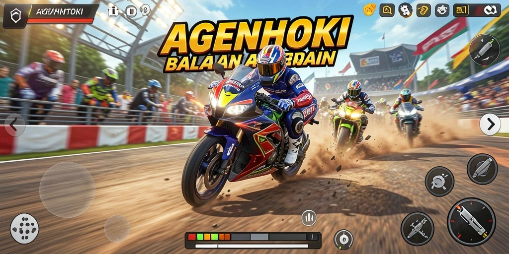 Tampilan gameplay AGENHOKI dengan motor balap yang cepat dan menegangkan.