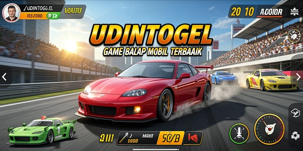 Screenshot gameplay UDINTOGEL menampilkan balapan mobil yang mendebarkan.